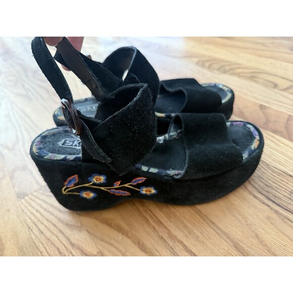 Vtg Y2K Skechers Black Chunky Platform Embroidered Floral Sandals Size 90s Sz 8 - Picture 2 of 6